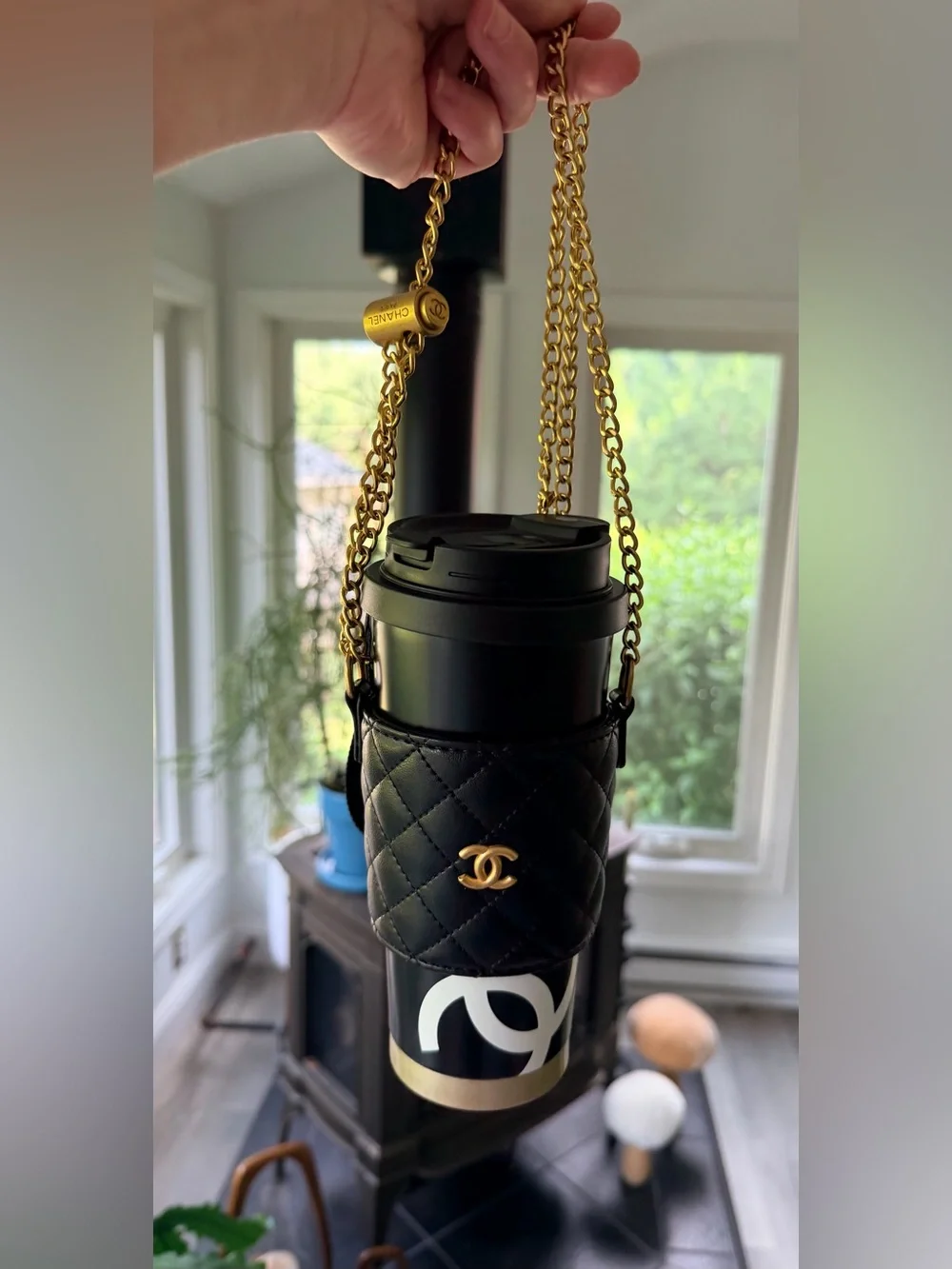 NIB Chanel Makeup Black ‘CC’ Hot/Cold Thermos w Black ‘CC’ Sleeve/Link Chain